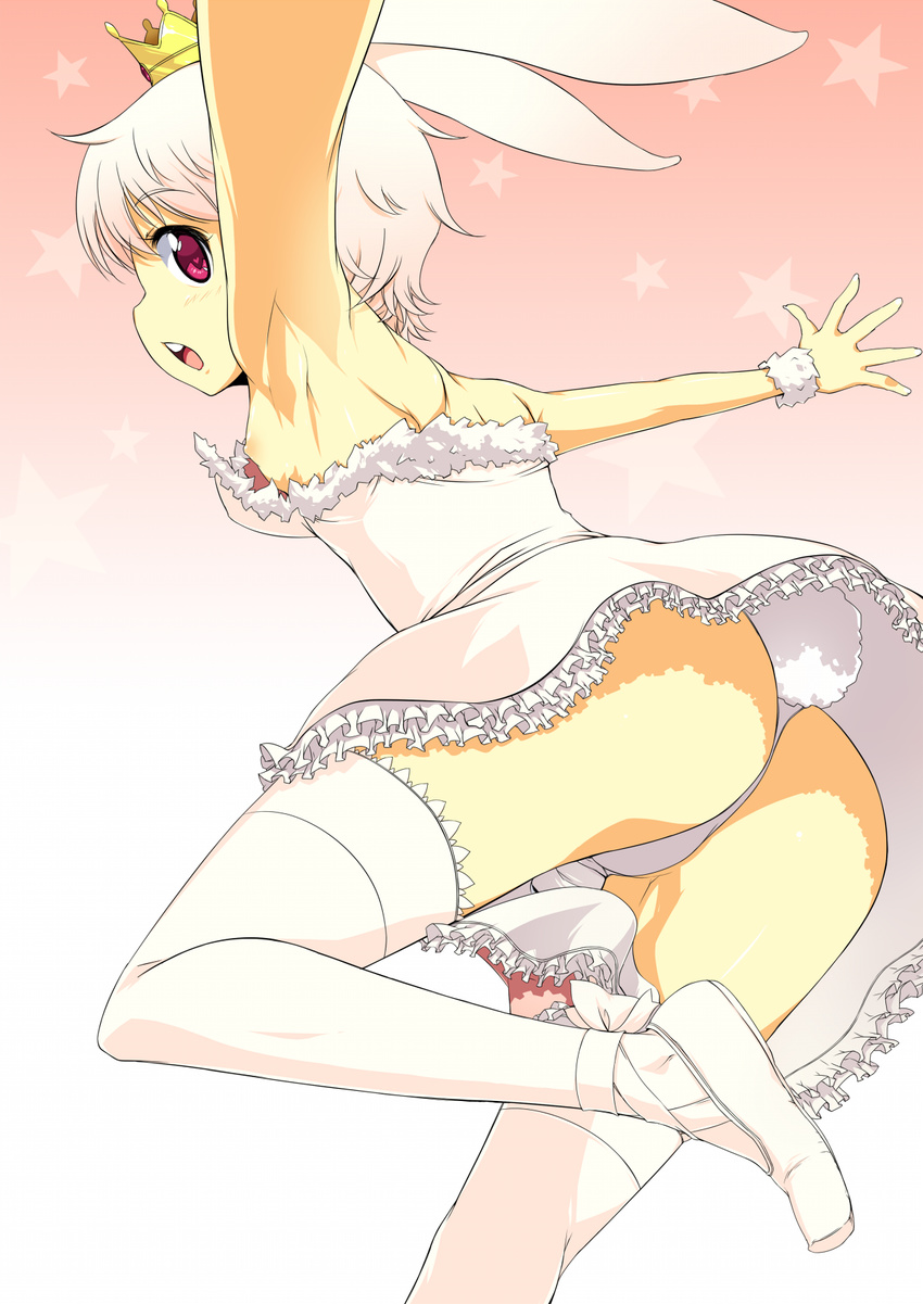 ac_japan animal_ears arigato_usagi armpits ass ballet_slippers bunny_ears bunny_tail crown dress flat_chest gloves highres nipple_slip nipples onija_tarou outstretched_arms panties personification pink_hair red_eyes shoe_ribbon solo spread_arms tail thighhighs underwear white_legwear white_panties