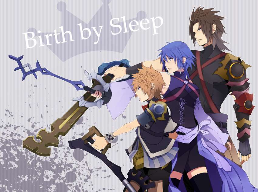 2boys aqua_(kingdom_hearts) armor bad_id bad_pixiv_id bare_shoulders black_legwear blonde_hair blue_eyes blue_hair brown_hair detached_sleeves fingerless_gloves gloves holding jacket keyblade kingdom_hearts kingdom_hearts_birth_by_sleep multiple_boys outstretched_arm short_hair shorts takashi_(huzakenna) terra_(kingdom_hearts) thighhighs turtleneck ventus wristband