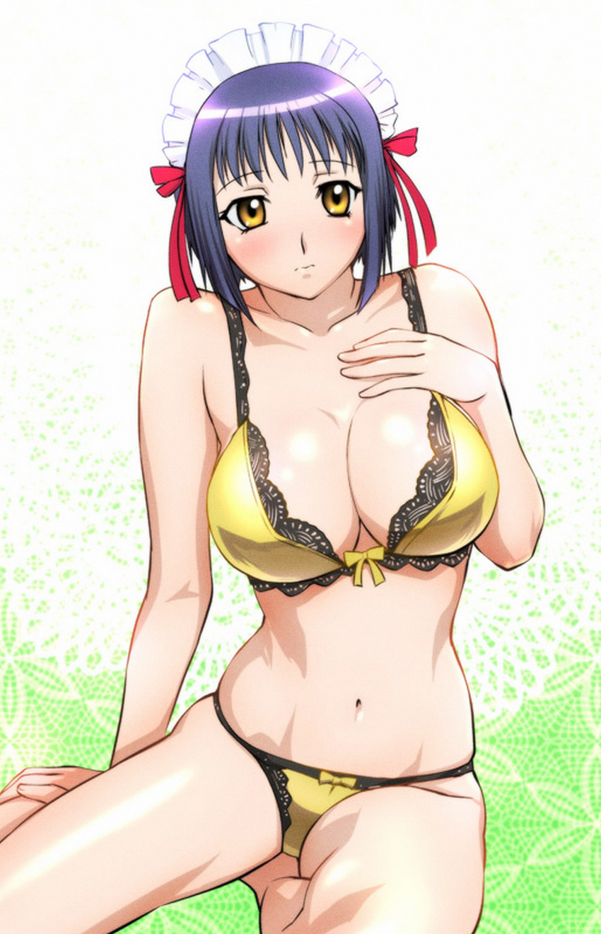 1girl absurdres barefoot belly big_breasts blue_hair bra breasts cleavage embarrassed feet fujikura_yuu highres large_breasts legs lingerie looking_at_viewer maid_headdress navel panties princess_lover short_hair simple_background sitting solo thighs underwear yellow_bra yellow_eyes yellow_panties