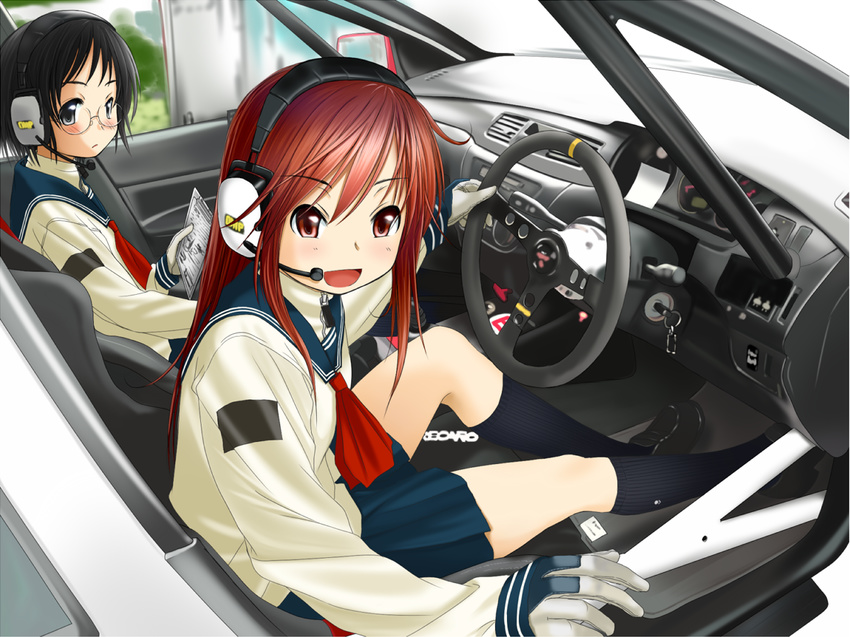 black_eyes black_hair blush car car_interior glasses gloves ground_vehicle headset key kneehighs long_hair microphone mitsubishi_lancer_evolution motor_vehicle multiple_girls original red_eyes red_hair retsumaru rollcage short_hair sitting smile