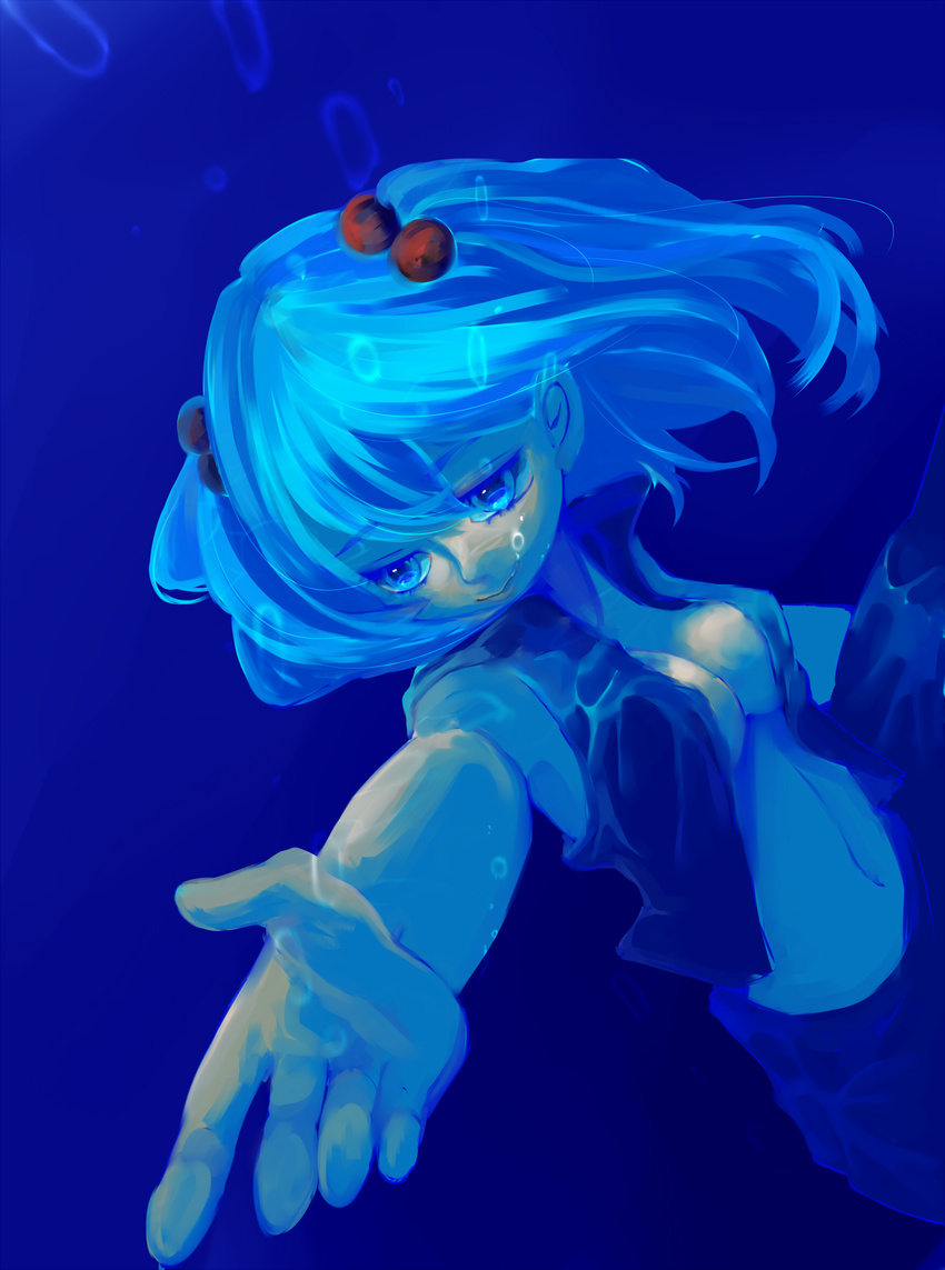 bad_id bad_pixiv_id blue_eyes blue_hair breasts bubble cleavage foreshortening gotoh510 hair_bobbles hair_ornament hands highres kawashiro_nitori lips medium_breasts no_bra short_hair solo touhou two_side_up underwater