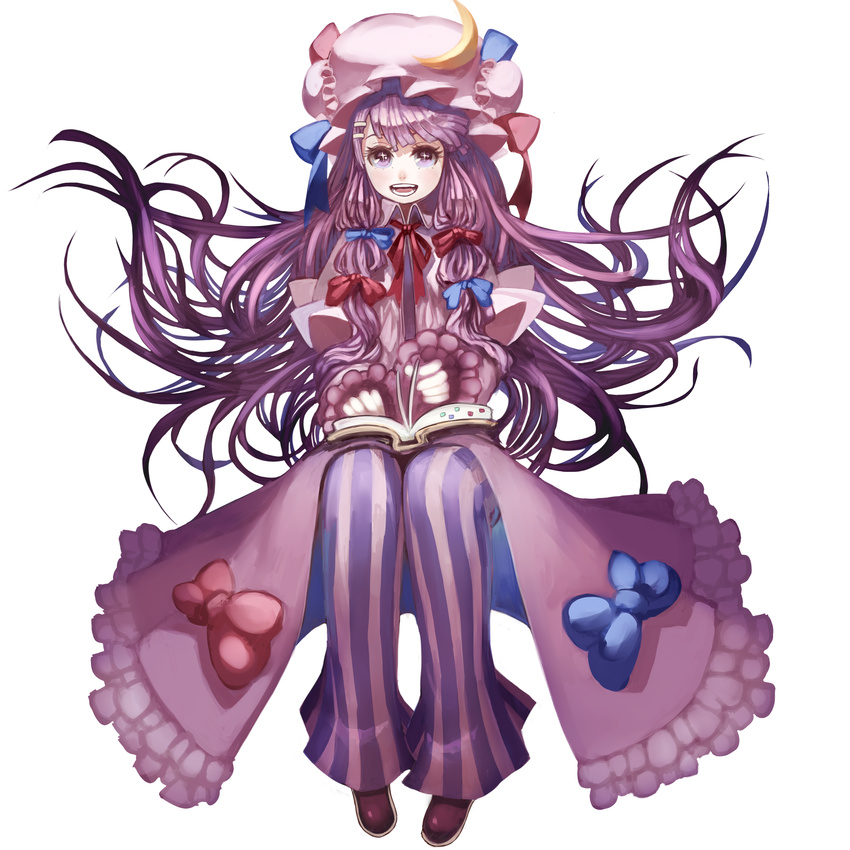 bad_id bad_pixiv_id book bow crescent dress floating grin hair_bow hat highres kansou_samehada long_hair open_mouth pants patchouli_knowledge purple_eyes purple_hair smile solo sparkle touhou