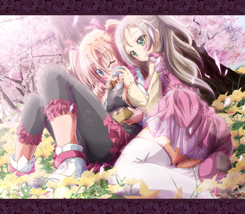 blue_eyes blush capri_pants cherry_blossoms dumpling eating flower food green_eyes grey_hair handkerchief highres houjou_hibiki inoshishi_(ikatomo) letterboxed light long_hair minamino_kanade multiple_girls one_eye_closed orange_hair pants precure sitting suite_precure thighhighs tree two_side_up white_legwear