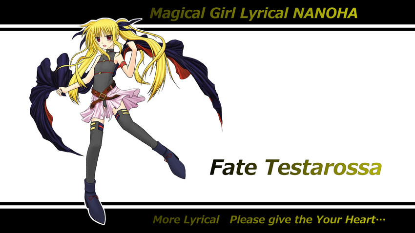 bad_id bad_pixiv_id belt black_legwear blonde_hair blush boots cape engrish excellion fate_testarossa highres leotard long_hair lyrical_nanoha mahou_shoujo_lyrical_nanoha mahou_shoujo_lyrical_nanoha_the_movie_1st miniskirt print_legwear ranguage red_eyes skirt sleeveless solo thighhighs twintails