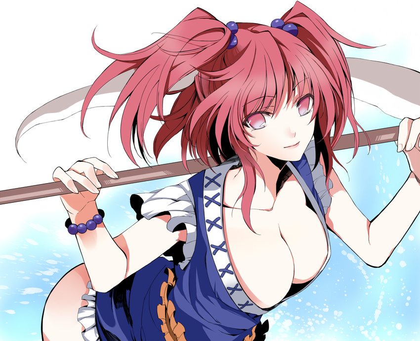 atoshi bottomless breasts cleavage hair_bobbles hair_ornament highres large_breasts leaning_forward no_bra onozuka_komachi over_shoulder pink_hair red_eyes revision scythe short_hair solo touhou two_side_up weapon weapon_over_shoulder
