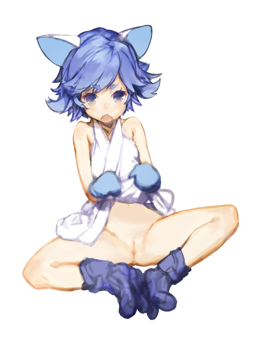 absurdres animal_ears blue_eyes blue_hair boots dress dress_lift highres japanese_clothes ji_no legs mittens no_panties original pussy short_hair simple_background solo spread_legs uncensored wavy_mouth