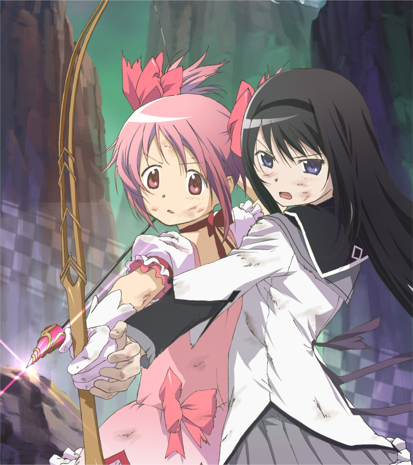 akemi_homura arrow black_hair blue_eyes bow bow_(weapon) bruise cover dirty dirty_face dress hair_bow highres injury kaname_madoka layered_sleeves long_hair mahou_shoujo_madoka_magica multiple_girls official_art pink_eyes pink_hair scan source_request taniguchi_jun'ichirou twintails weapon