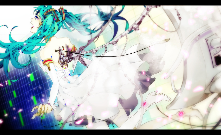 akiakane aqua_hair blurry boots depth_of_field foreshortening from_behind hatsune_miku high_heels letterboxed long_hair mechanical_wings music nail_polish open_mouth profile screen shoes singing sleeping_beauty_(vocaloid) solo twintails vocaloid white_legwear wings