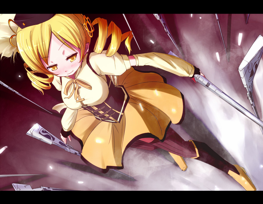 beret blonde_hair blush boots brown_legwear detached_sleeves drill_hair field_of_blades fingerless_gloves foreshortening from_above gloves gun hair_ornament hairpin hat iru_(konoheyaniou) letterboxed long_hair magical_girl magical_musket mahou_shoujo_madoka_magica planted_weapon pleated_skirt puffy_sleeves ribbon rifle skirt smile solo striped striped_legwear thighhighs tomoe_mami twintails vertical-striped_legwear vertical_stripes weapon yellow_eyes zettai_ryouiki