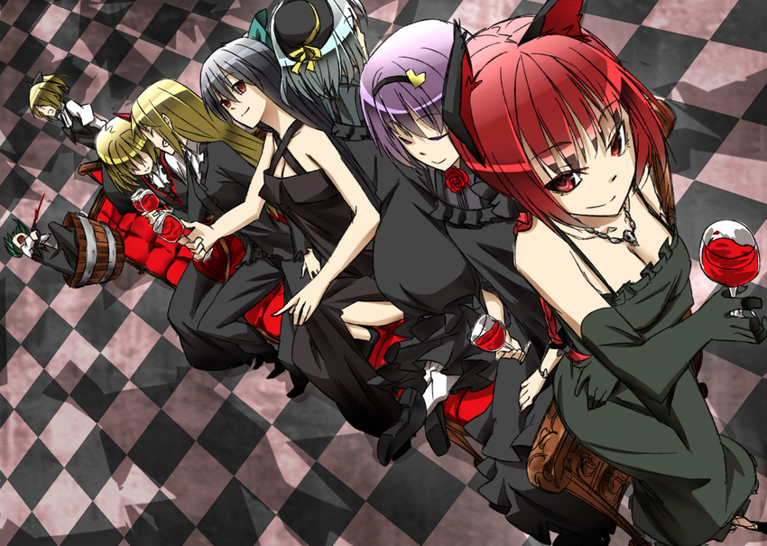 alternate_costume bad_id bad_pixiv_id black_dress black_hair blonde_hair checkered checkered_floor contemporary couch cup dress drinking_glass dutch_angle formal horn hoshiguma_yuugi kaenbyou_rin karori_(c-side) kisume komeiji_koishi komeiji_satori kurodani_yamame mizuhashi_parsee multiple_girls pant_suit purple_hair red_eyes red_hair reiuji_utsuho sitting subterranean_animism suit touhou wine_glass