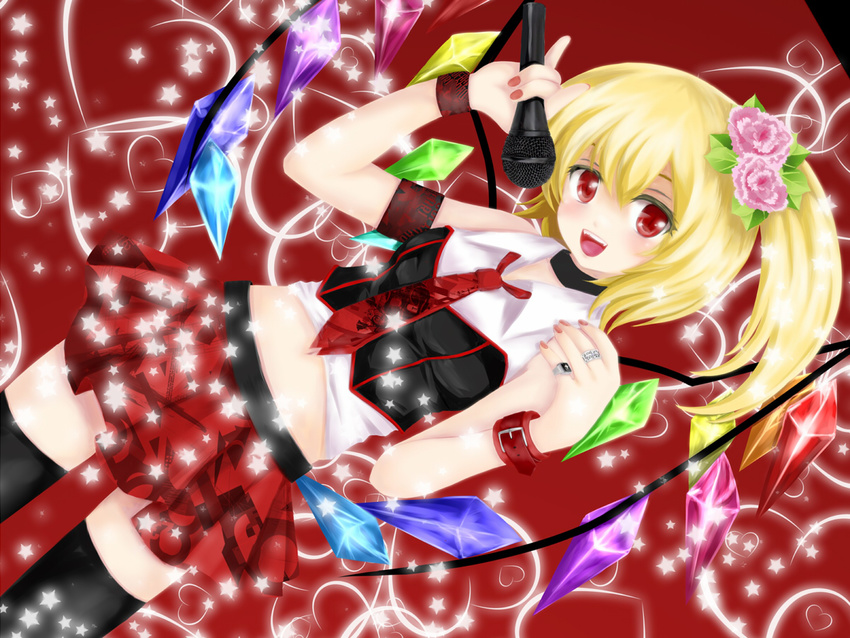 armband bad_id bad_pixiv_id black_legwear blonde_hair blush corset fangs flandre_scarlet flower hair_flower hair_ornament jewelry microphone midriff miniskirt music nekokotei no_hat no_headwear open_mouth red_eyes ring shirt side_ponytail singing skirt smile solo thighhighs touhou white_shirt wings zettai_ryouiki