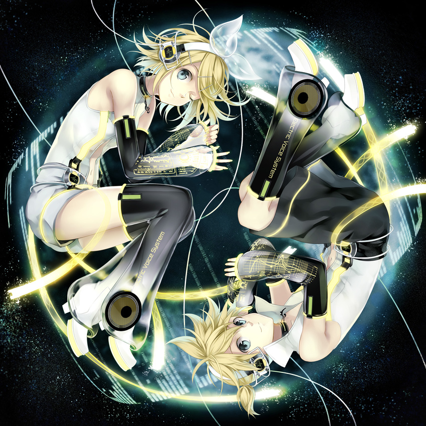 1girl arm_warmers blonde_hair blue_eyes brother_and_sister detached_sleeves hair_ornament hair_ribbon hairclip headphones highres hologram kagamine_len kagamine_len_(append) kagamine_rin kagamine_rin_(append) leg_warmers osamu_(jagabata) ribbon short_hair shorts siblings thighhighs twins vocaloid vocaloid_append