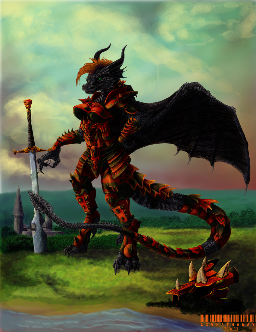 armor big_sword black blackmane breasts dragon dustwing female hi_res macro orange red scalie shandra_nightwing solo sword weapon wings