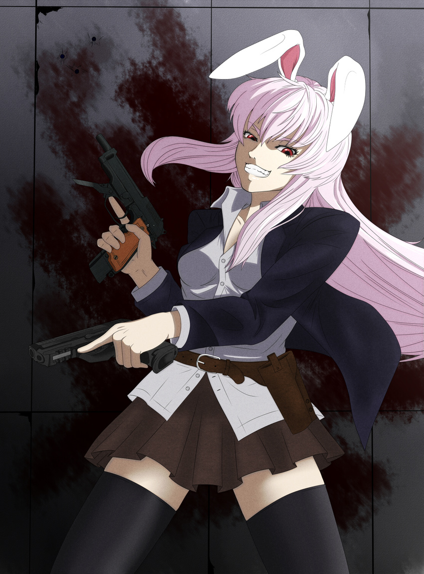 animal_ears bad_id bad_pixiv_id belt beretta_93r black_legwear blood bullet_hole bunny_ears dual_wielding grin gun handgun highres hiirokohaku holding holding_gun holding_weapon holster lavender_hair long_hair miniskirt pistol pleated_skirt red_hair reisen_udongein_inaba skirt smile solo thighhighs touhou trigger_discipline very_long_hair wall weapon zettai_ryouiki