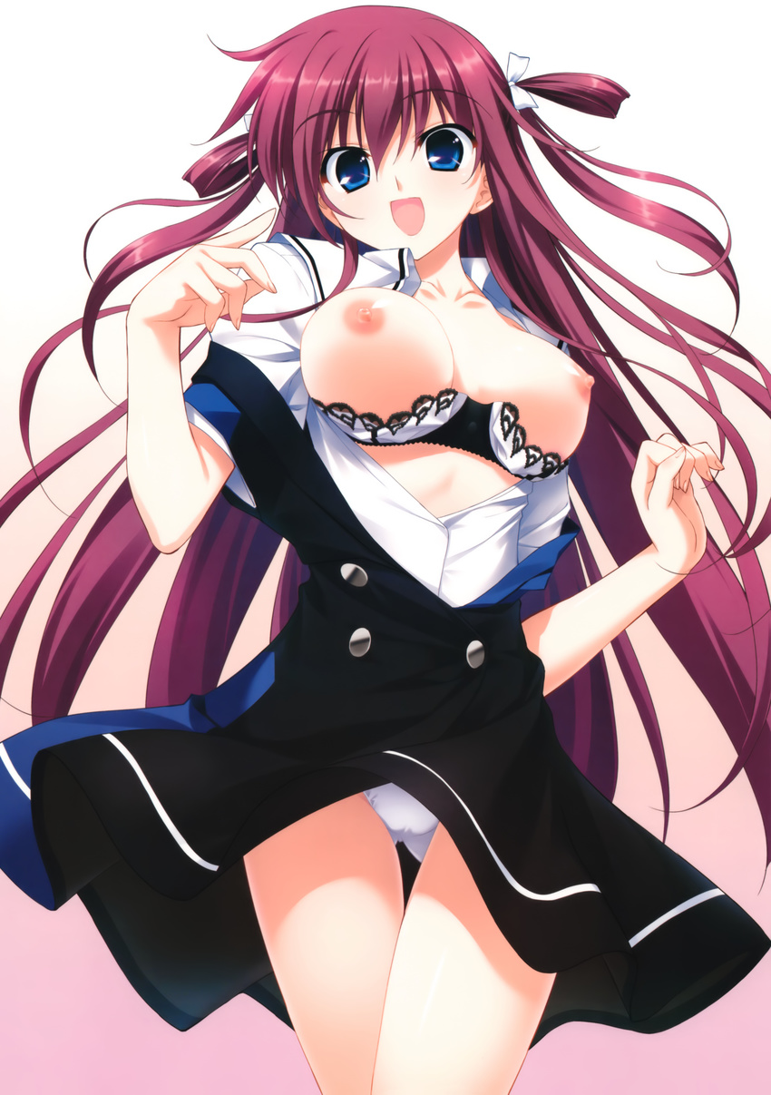 :d absurdres blue_eyes bra bra_pull breasts fumio_(ura_fmo) grisaia_(series) grisaia_no_kajitsu highres lingerie long_hair medium_breasts nipples open_clothes open_mouth open_shirt panties pantyshot purple_hair ribbon shelf_bra shirt smile solo suou_amane underwear upskirt very_long_hair white_bra white_panties