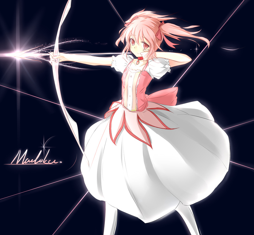 absurdres aiming arrow bow_(weapon) choker drawing_bow highres holding holding_arrow holding_bow_(weapon) holding_weapon kaname_madoka light_smile magical_girl mahou_shoujo_madoka_magica no_gloves outstretched_arm phantania pink_eyes pink_hair puffy_sleeves short_hair solo tears twintails weapon