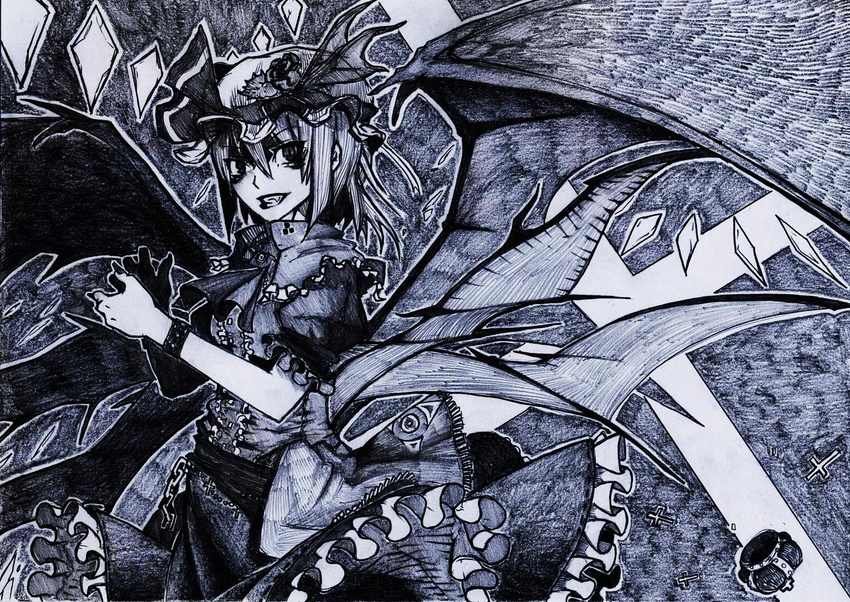 bat_wings chotto greyscale hat monochrome remilia_scarlet solo touhou wings