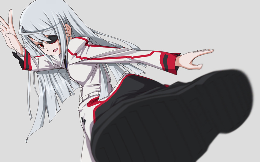 amder bad_id bad_pixiv_id blurry boots depth_of_field eyepatch infinite_stratos kicking laura_bodewig long_hair perspective red_eyes silver_hair solo uniform