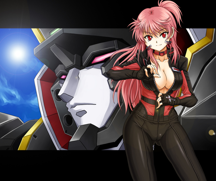 biker_clothes bikesuit bodysuit breasts center_opening choker cleavage dancouga_nova fingerless_gloves gloves hidaka_aoi highres juusou_kikou_dancouga_nova large_breasts long_hair mecha pink_hair red_eyes shunzou unzipped unzipping