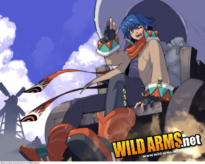 ahoge blue_eyes blue_hair boots cloud coat copyright_name cowboy cowboy_boots day dean_stark fujimoto_hideaki full_body gloves happy male_focus official_art one_eye_closed open_mouth pants scarf sky solo western wild_arms wild_arms_5 windmill