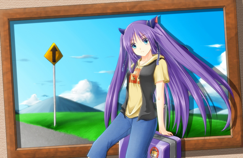 blue_eyes casual frame hood hoodie konaa little_busters! long_hair luggage purple_hair sasasegawa_sasami solo twintails vest