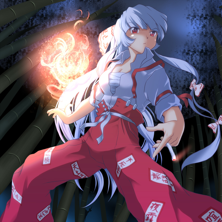 bamboo bamboo_forest bow caved cigarette ex-keine fire forest fujiwara_no_mokou hair_bow hair_ribbon highres kamishirasawa_keine long_hair multiple_girls nature peeking_out red_eyes ribbon sarashi shadow silver_hair stalking suspenders touhou wancozow when_you_see_it you_gonna_get_raped
