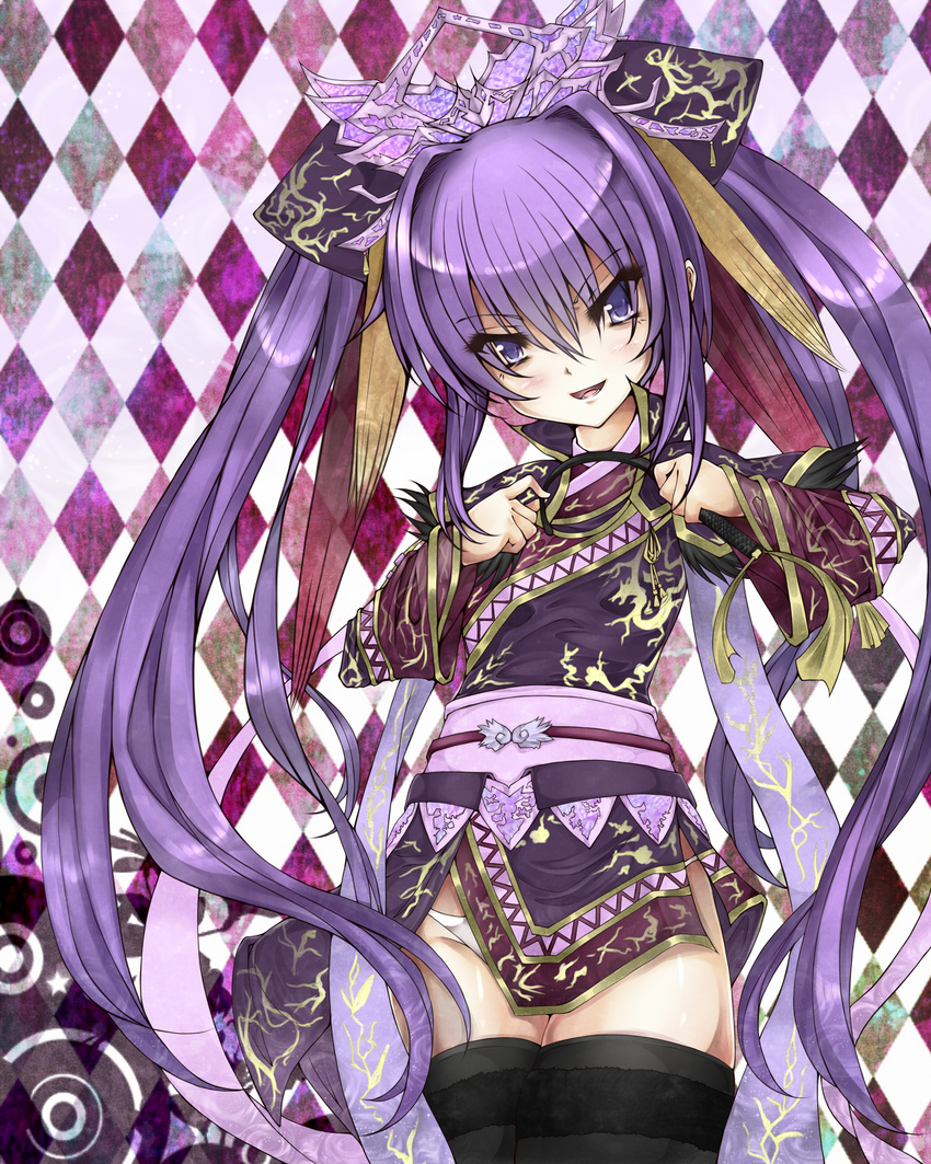 argyle argyle_background black_legwear crown dannrei3636 hair_intakes highres long_hair panties purple_background purple_eyes purple_hair ribbon sangokushi_taisen smile solo thighhighs touhaku twintails underwear whip white_panties