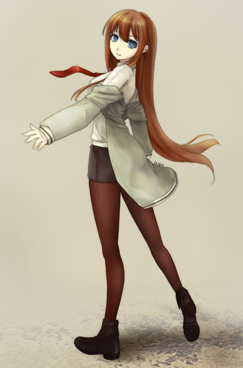 blue_eyes boots brown_hair elsen highres jacket legs legwear_under_shorts long_hair looking_back makise_kurisu necktie pantyhose red_neckwear shorts solo steins;gate