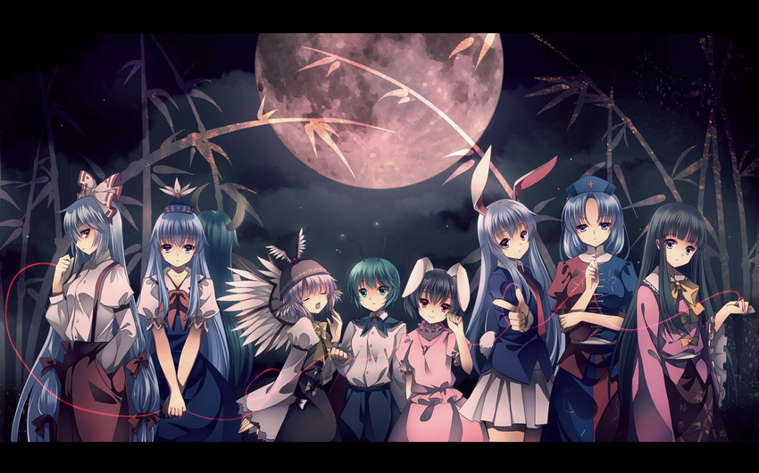 animal_ears antennae bamboo bamboo_forest bow bunny_ears bunny_tail dress dress_shirt dual_persona everyone ex-keine forest fujiwara_no_mokou full_moon hair_bow hat horns houraisan_kaguya imperishable_night inaba_tewi jewelry kamishirasawa_keine letterboxed long_hair moon multiple_girls mystia_lorelei nature nurse_cap pants pendant red_string reisen_udongein_inaba rie_(reverie) shirt short_hair string suspenders tail touhou very_long_hair wings wriggle_nightbug yagokoro_eirin