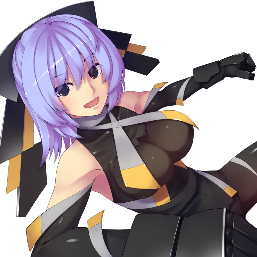 black_eyes black_gloves bodysuit breasts elbow_gloves gloves happy highres large_breasts lavender_hair md5_mismatch open_mouth original purple_hair simple_background smile solo tro