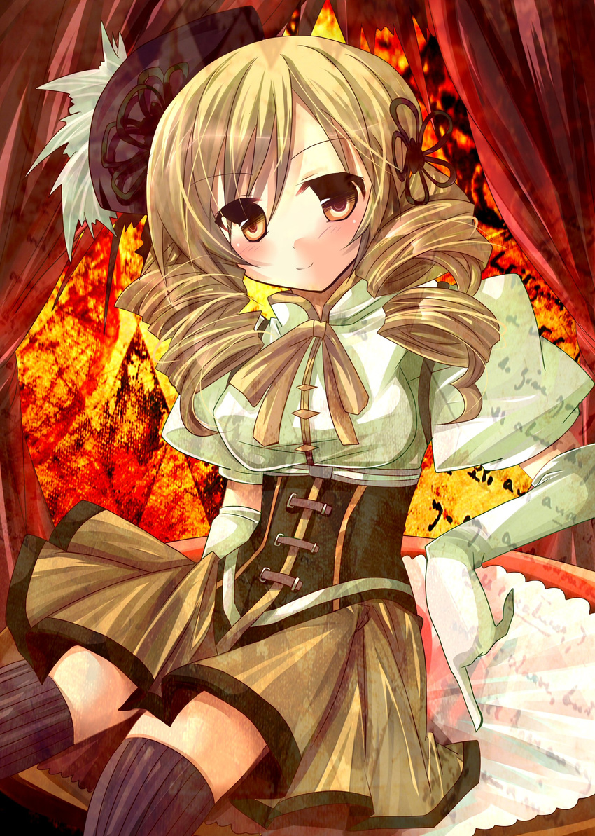 absurdres beret blonde_hair breasts drill_hair elbow_gloves gloves hair_ornament hat highres large_breasts magical_girl mahou_shoujo_madoka_magica mameguri pleated_skirt pointing puffy_sleeves skirt smile solo thighhighs tomoe_mami yellow_eyes zettai_ryouiki