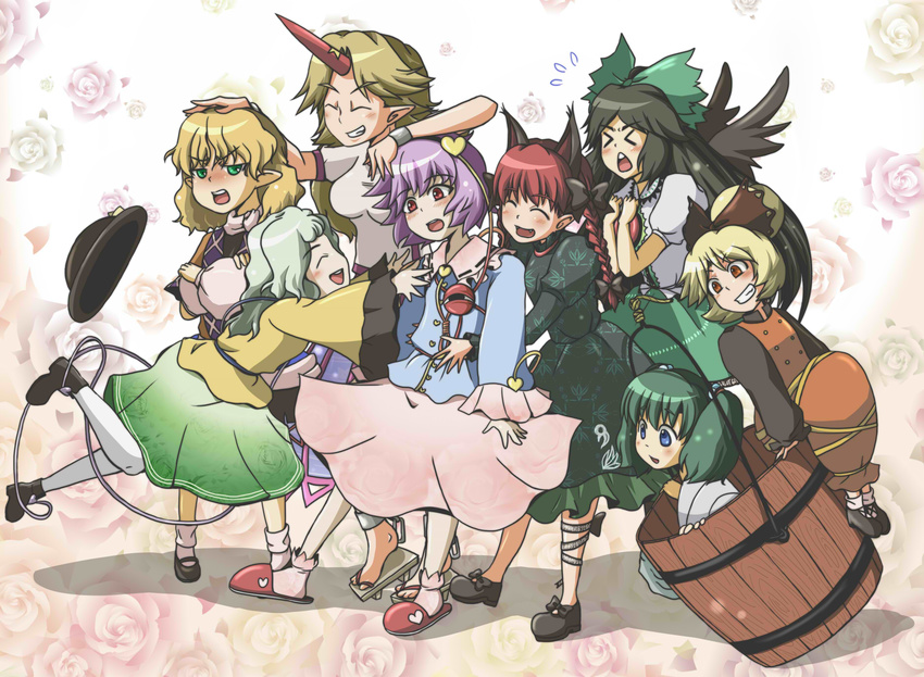 &gt;_&lt; :d animal_ears aqua_hair black_hair blonde_hair blue_eyes bow braid bucket cat_ears closed_eyes crossed_arms dress everyone extra_ears flower geta glomp green_bow green_eyes green_hair grin hair_bobbles hair_bow hair_bun hair_ornament hat hat_removed headwear_removed heart highres horn hoshiguma_yuugi hug in_bucket in_container kaenbyou_rin kisume komeiji_koishi komeiji_satori kurodani_yamame leg_ribbon long_hair mizuhashi_parsee multiple_girls open_mouth pantyhose pink_flower pink_rose pointy_ears purple_hair red_eyes red_hair reiuji_utsuho ribbon rose short_hair skirt slippers smile subterranean_animism takano48 third_eye touhou twintails white_legwear wide_sleeves wings