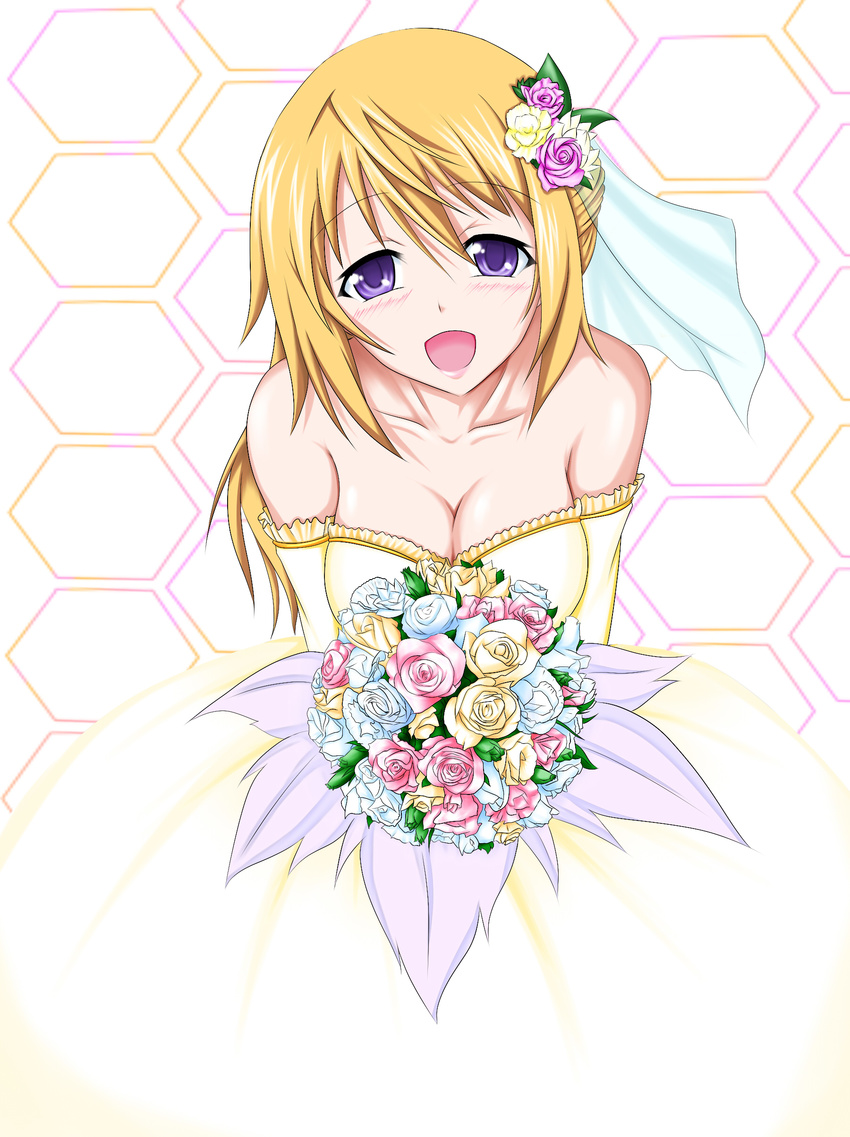 absurdres bare_shoulders blonde_hair breasts charlotte_dunois cleavage dress flower hair_down highres infinite_stratos long_hair medium_breasts open_mouth smile solo tukiumisheriru wedding wedding_dress