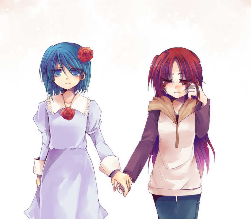 blue_eyes blue_hair casual dress flower hair_flower hair_ornament hiyori7 holding_hands long_hair magical_girl mahou_shoujo_madoka_magica miki_sayaka multiple_girls ponytail red_eyes red_hair sakura_kyouko short_hair tears