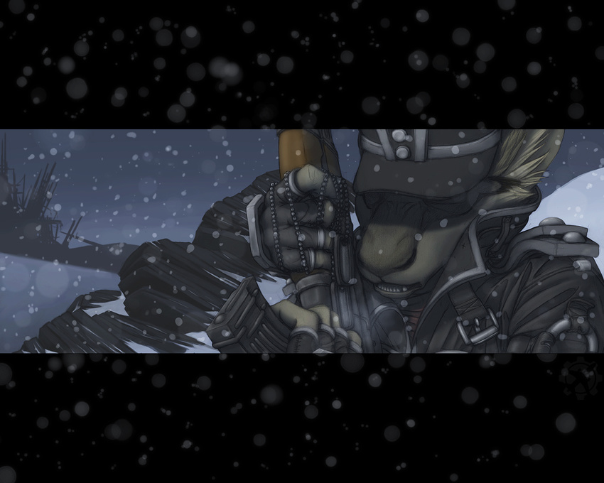 assault_rifle clothing cold dog_tags fighterjet gearotter gun hat male military outside ranged_weapon rifle ruins snow snowing soldier solo uniform weapon winter