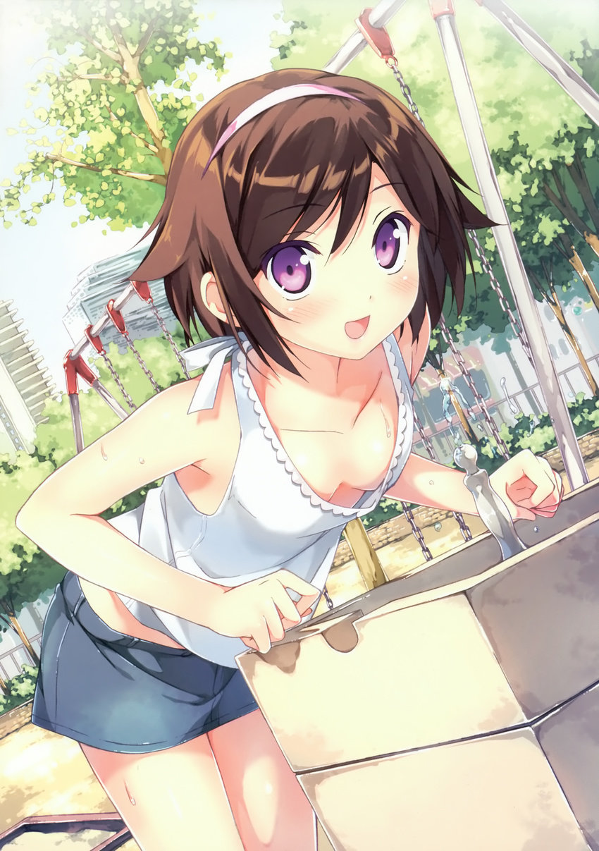 :d absurdres bare_shoulders bent_over blush bob_cut breasts brown_hair collarbone day denim denim_skirt downblouse drinking_fountain dutch_angle hairband highres kami_nomi_zo_shiru_sekai kantoku looking_at_viewer midriff no_bra open_mouth outdoors purple_eyes short_hair skirt small_breasts smile solo swing_set takahara_ayumi water