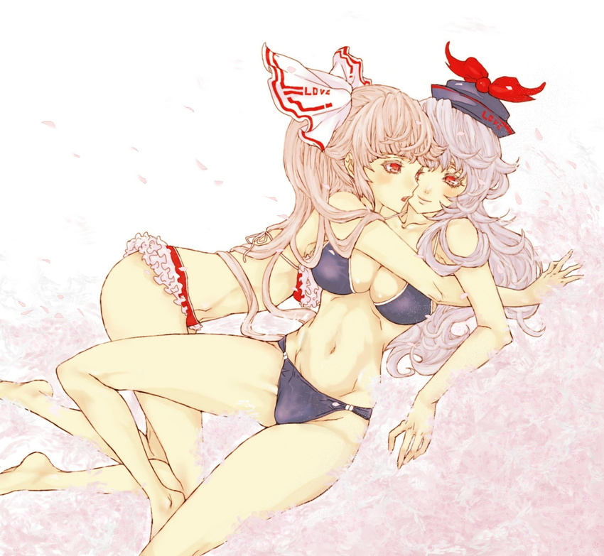 bad_id bad_pixiv_id barefoot bikini blush breasts frilled_bikini frills fujiwara_no_mokou hands hat highres kamishirasawa_keine legs long_hair medium_breasts multiple_girls navel poruhi red_eyes silver_hair swimsuit touhou yuri