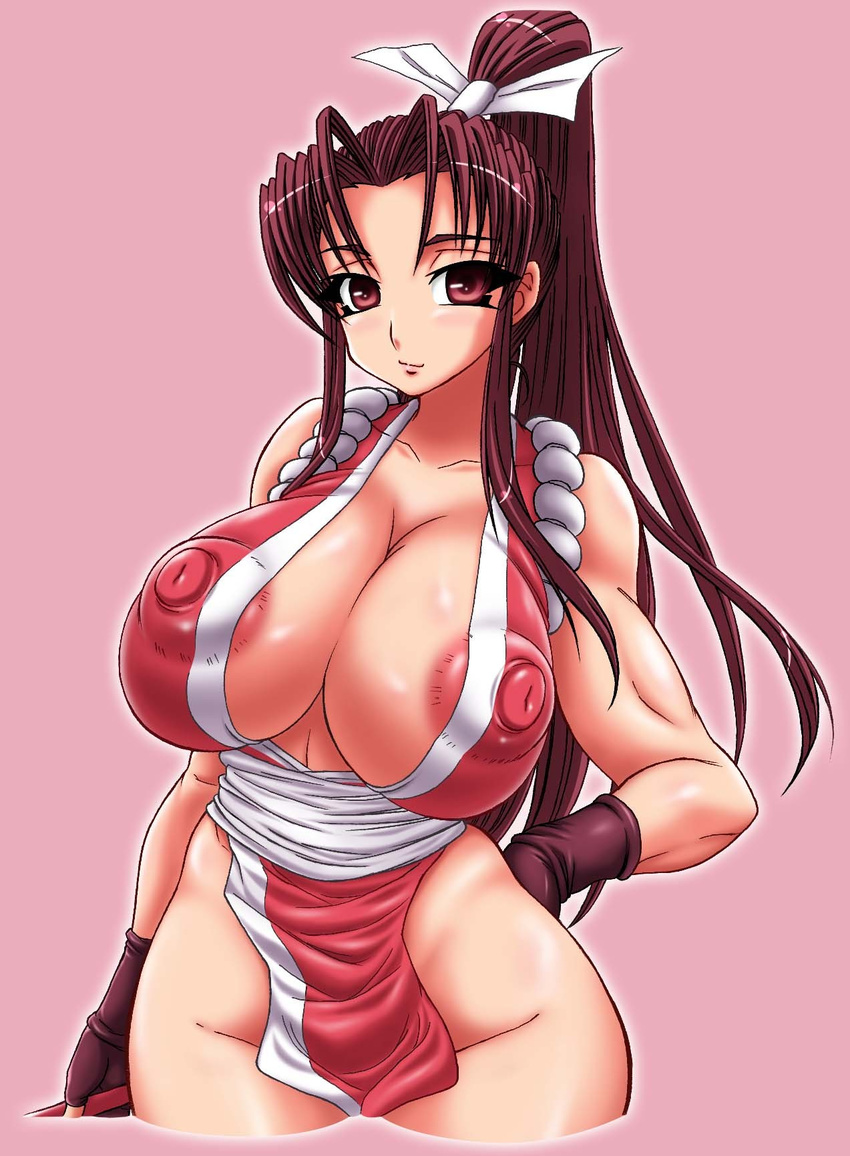 artist_request blush breasts female gradient gradient_background highres huge_nipples king_of_fighters large_breasts nipples shiranui_mai smile snk solo yukimaru_(gojo) yukimarugojo