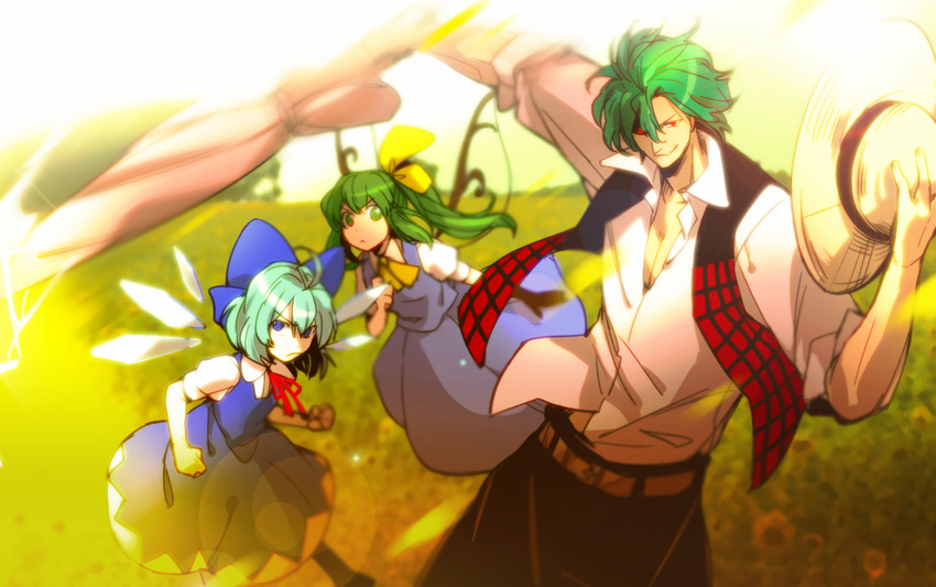 &gt;:( 2girls :&lt; alternate_hair_color bad_id bad_pixiv_id banned_artist belt blue_eyes bow chikage_(kinokodou) cirno closed_mouth closed_umbrella daiyousei detached_wings dress dress_shirt fairy_wings fighting_stance frown genderswap genderswap_(ftm) glowing glowing_eyes green_eyes green_hair hair_bow hat kazami_yuuka meadow multiple_girls pants photo_background pinafore_dress plaid plaid_vest red_eyes shirt smirk straw_hat touhou umbrella untucked v-shaped_eyebrows vest wings