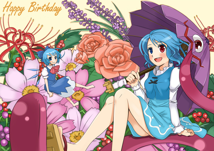 blue_eyes blue_hair cirno flower heterochromia highres karakasa_obake multiple_girls purple_umbrella sora-bozu tatara_kogasa tongue touhou umbrella