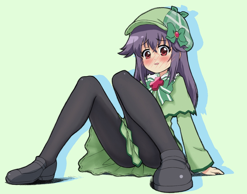 arm_support bad_id bad_pixiv_id black_hair blush capelet deerstalker dress full-face_blush green_capelet green_dress green_hat hat hercule_barton long_hair pantyhose red_eyes shoes sitting solo spread_legs tantei_opera_milky_holmes zouni_(xavier)