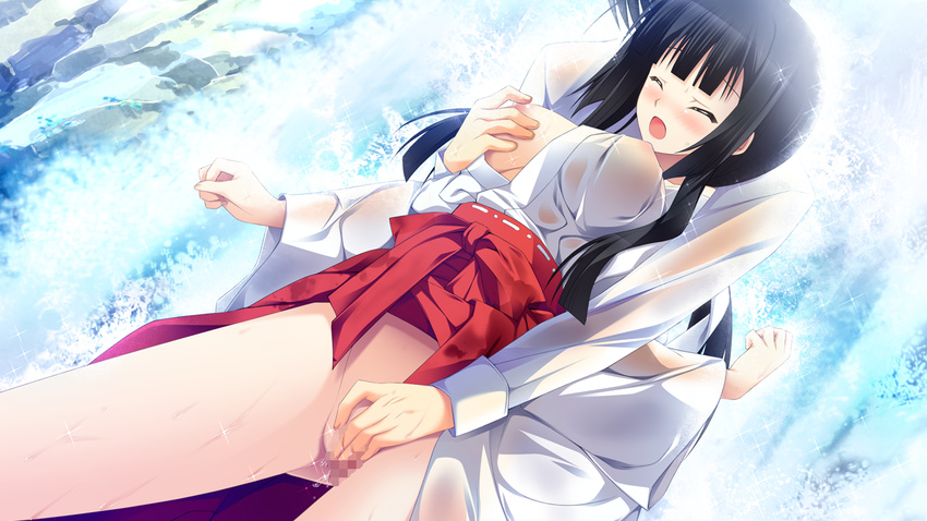 black_hair blush breast_grab breasts censored fingering game_cg japanese_clothes miko orange_memories purple_software pussy see_through tagme wet