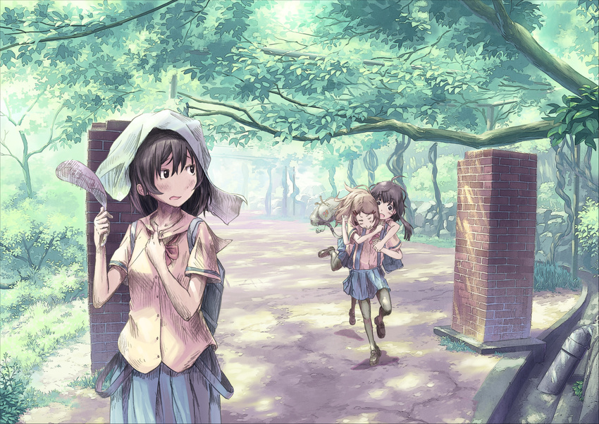 backpack bag branch brown_eyes brown_hair bsan fan grass highres hug hug_from_behind multiple_girls original park path road scenery shade shirt short_hair skirt sunlight tree tree_shade