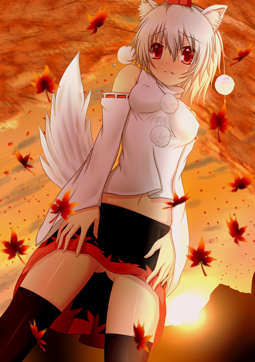 absurdres animal_ears ass_visible_through_thighs bad_id bad_pixiv_id bare_shoulders black_legwear blush breasts covered_nipples detached_sleeves dutch_angle embarrassed hat highres inubashiri_momiji leaf maple_leaf navel no_panties red_eyes short_hair silver_hair small_breasts solo sunset tail thighhighs tokin_hat toranashi touhou wolf_ears wolf_tail zettai_ryouiki