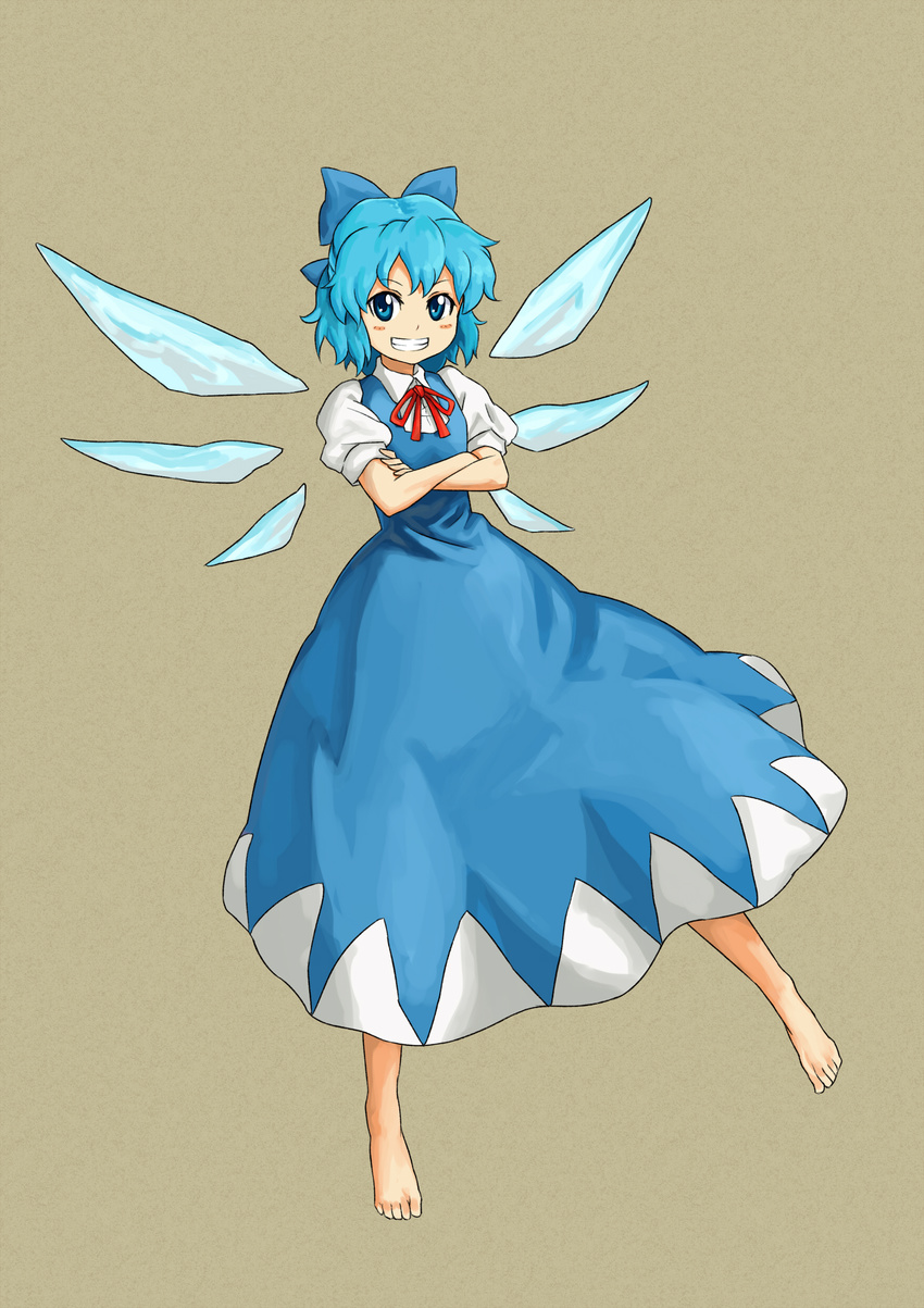 :d absurdres barefoot blue_eyes blue_hair bow cirno crossed_arms dress full_body grin hair_bow highres open_mouth shibasaki_shouji short_hair smile solo touhou wings