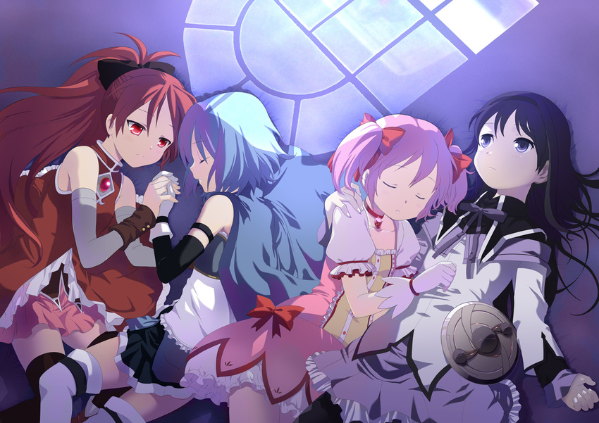 akemi_homura bare_shoulders black_hair blue_hair cape choker closed_eyes collaboration cover cover_page detached_sleeves doujin_cover gloves hairband hand_on_shoulder highres holding_hands kaname_madoka long_hair lying magical_girl mahou_shoujo_madoka_magica miki_sayaka mono_land multiple_girls pantyhose pink_hair ponytail puffy_sleeves purple_eyes red_eyes reflection rinz sakura_kyouko shield short_hair short_twintails thighhighs twintails white_gloves