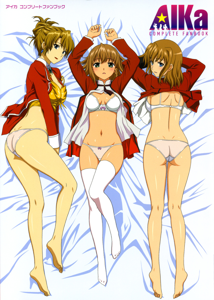 90s absurdres age_comparison agent_aika aika_(series) aika_r-16 aika_zero aqua_eyes arms_up ass bangs barefoot bed_sheet black_neckwear blue_eyes blush bow bow_bra bow_panties bra braid breasts brooch brown_hair bustier cleavage copyright_name crotch_seam dakimakura detached_collar dress earrings eyebrows_visible_through_hair feet folded_ponytail full_body green_eyes groin highres jacket jewelry kneepits large_breasts legs lingerie logo long_hair long_sleeves looking_back lying makeup medium_breasts multiple_girls navel necktie non-web_source official_art on_back on_side on_stomach open_clothes open_mouth open_shirt panties partially_undressed pink_bow red_dress red_jacket red_lips shirt shirt_lift short_hair side_braid single_braid small_breasts sumeragi_aika take_your_pick thighhighs thighs time_paradox twisted_torso underwear white_bra white_legwear white_panties white_shirt yamauchi_noriyasu