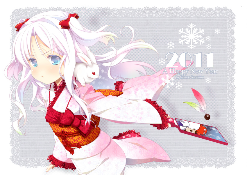 2011 :t bad_id bad_pixiv_id blue_eyes blush bow bunny hagoita hair_ribbon japanese_clothes kimono kirino_kasumu new_year original paddle red_eyes ribbon solo twintails white_hair