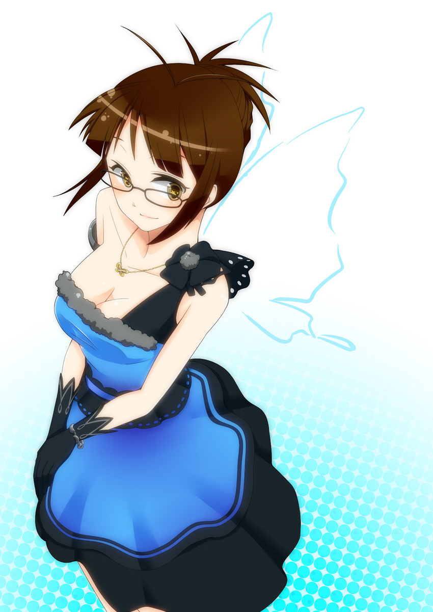 akizuki_ritsuko antenna_hair asymmetrical_clothes bare_shoulders black_gloves breasts brown_eyes brown_hair butterfly_wings cleavage dress folded_ponytail from_above glasses gloves highres idolmaster idolmaster_(classic) jewelry kiyo3270 looking_at_viewer medium_breasts necklace sidelocks single_strap sleeveless sleeveless_dress smile solo v_arms wings