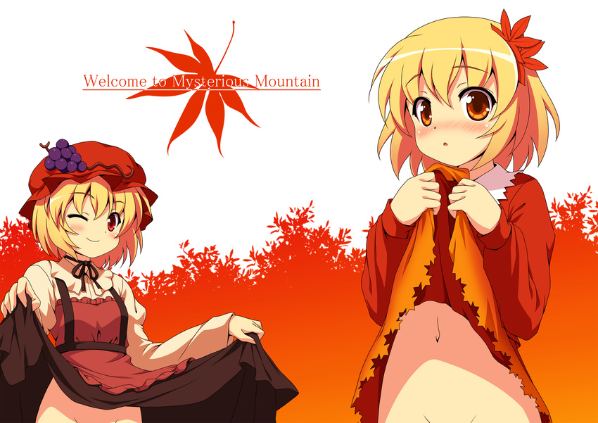 aki_minoriko aki_shizuha blonde_hair blush bottomless dress dress_lift food fruit grapes hair_ornament hat highres leaf leaf_hair_ornament multiple_girls one_eye_closed out-of-frame_censoring red_eyes smile touhou yamasan yellow_eyes